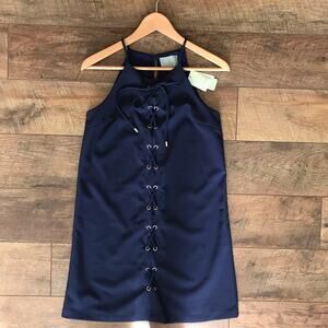Skies are Blue Navy Grommet Lace Up Front Dress